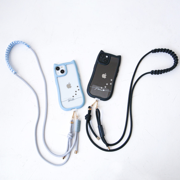 ベルト付き(猫耳) iphone17 16e 透明  シンプル 名入れ プリント無料 ショルダー+マクラメベルト付き 4枚目の画像