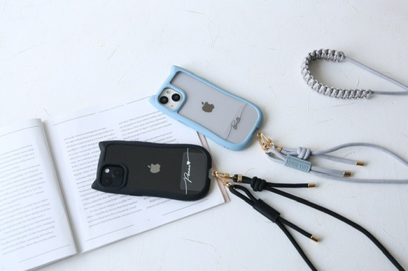 ベルト付き(猫耳) iphone17 16e 透明  シンプル 名入れ プリント無料 ショルダー+マクラメベルト付き 14枚目の画像