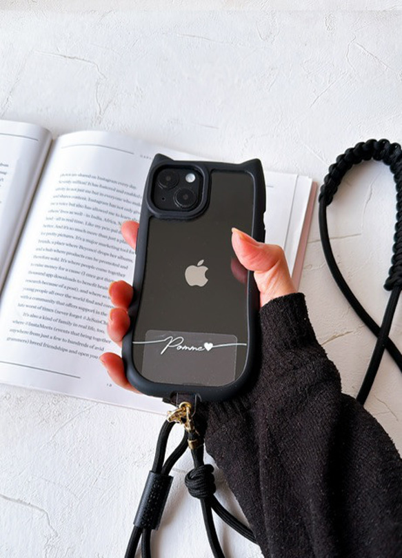 ベルト付き(猫耳) iphone17 16e 透明  シンプル 名入れ プリント無料 ショルダー+マクラメベルト付き 12枚目の画像