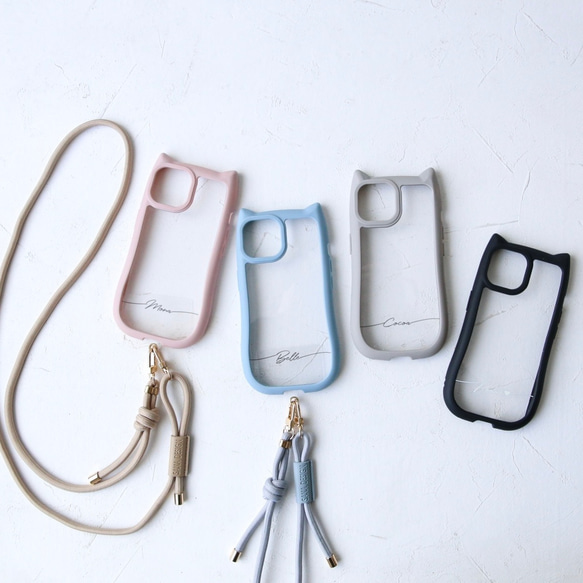 ベルト付き(猫耳) iphone17 16e 透明  シンプル 名入れ プリント無料 ショルダー+マクラメベルト付き 7枚目の画像