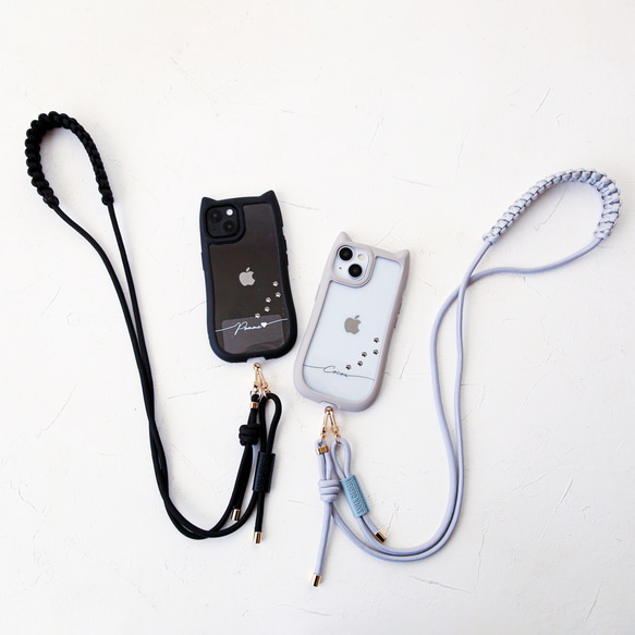 ベルト付き(猫耳) iphone17 16e 透明  シンプル 名入れ プリント無料 ショルダー+マクラメベルト付き 2枚目の画像