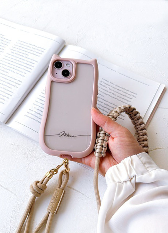 ベルト付き(猫耳) iphone17 16e 透明  シンプル 名入れ プリント無料 ショルダー+マクラメベルト付き 10枚目の画像