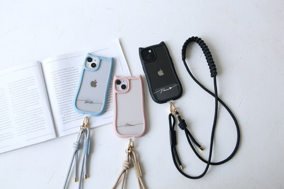 ベルト付き(猫耳) iphone17 16e 透明  シンプル 名入れ プリント無料 ショルダー+マクラメベルト付き 11枚目の画像