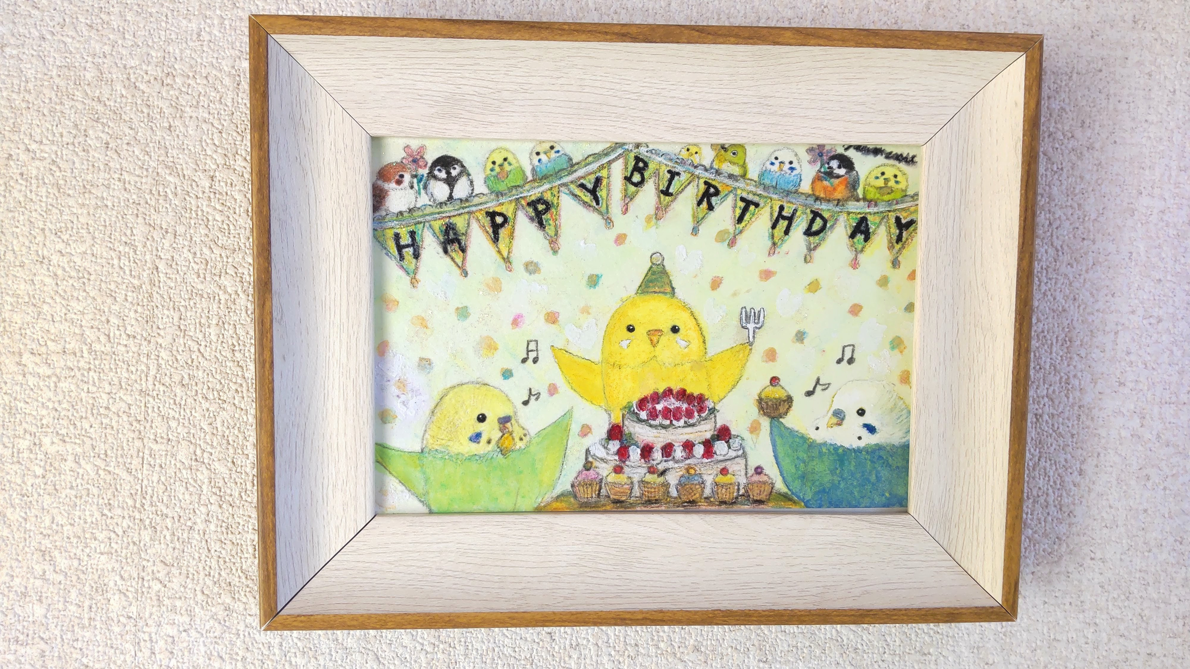 額入り原画『バースデーインコ』ポストカードサイズ アート インテリア