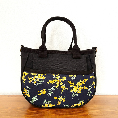 ♥️小♥️ミモザ柄×黒倉敷帆布 ころりんバッグ ショルダーバッグ 3WAY