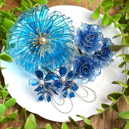 青い花々の髪飾り ＊牡丹 ＊薔薇 ＊桜 ＊アメリカンフラワー