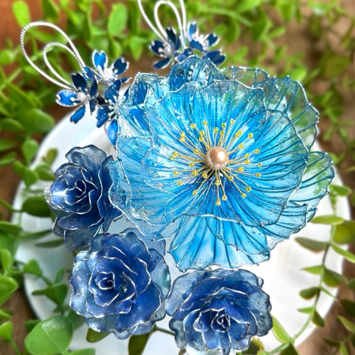 青い花々の髪飾り ＊牡丹 ＊薔薇 ＊桜 ＊アメリカンフラワー