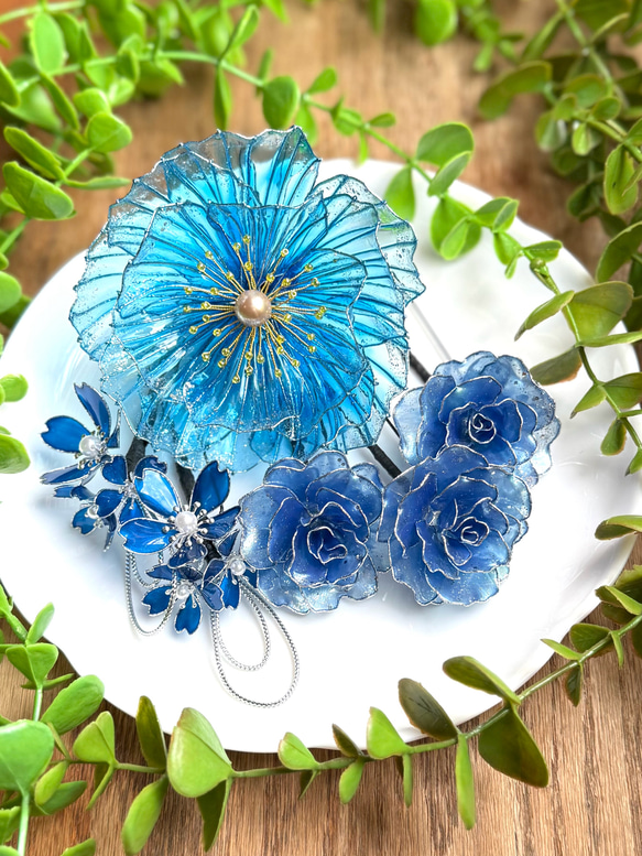 青い花々の髪飾り ＊牡丹 ＊薔薇 ＊桜 ＊アメリカンフラワー