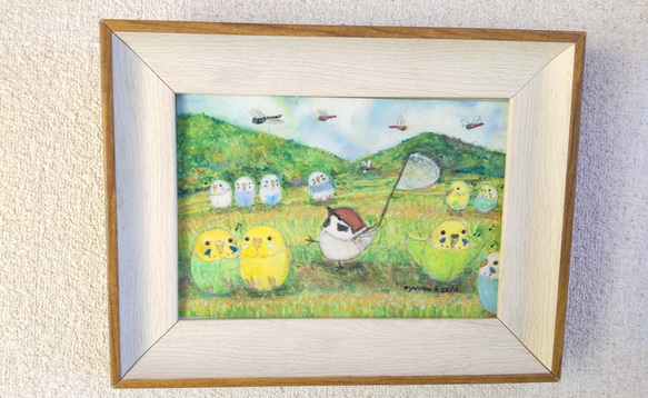 額入り原画『虫取りちゅんすけとインコたち』ポストカードサイズ