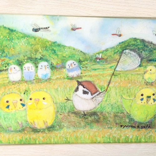 インテリア　イラスト額入り画　TOCCA 額入り原画『虫取りちゅんすけとインコたち』ポストカードサイズ