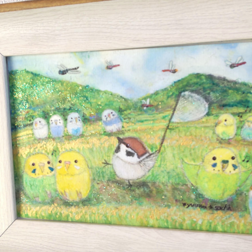 額入り原画『虫取りちゅんすけとインコたち』ポストカードサイズ