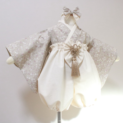 小花柄グレージュ×ナチュラル ベビー袴 お食い初め 初節句 ひな祭り