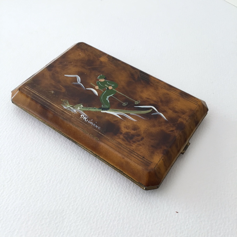 アンティークフランスシガレットケース 冬季オリンピック　スキーの名刺入れ　カードケース インダストリアル