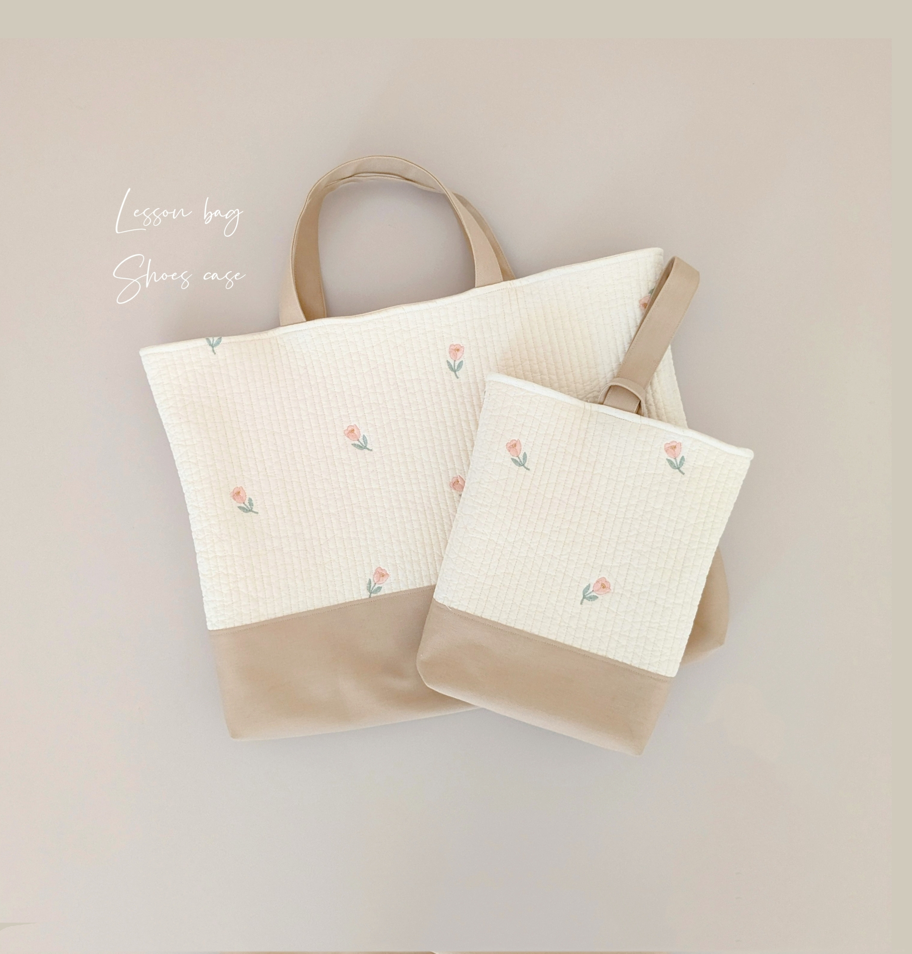 チューリップ刺繍のヌビバッグ　レッスンバッグと上靴入れセット　ヌビバッグ　イブルバッグ　入園入学 A4