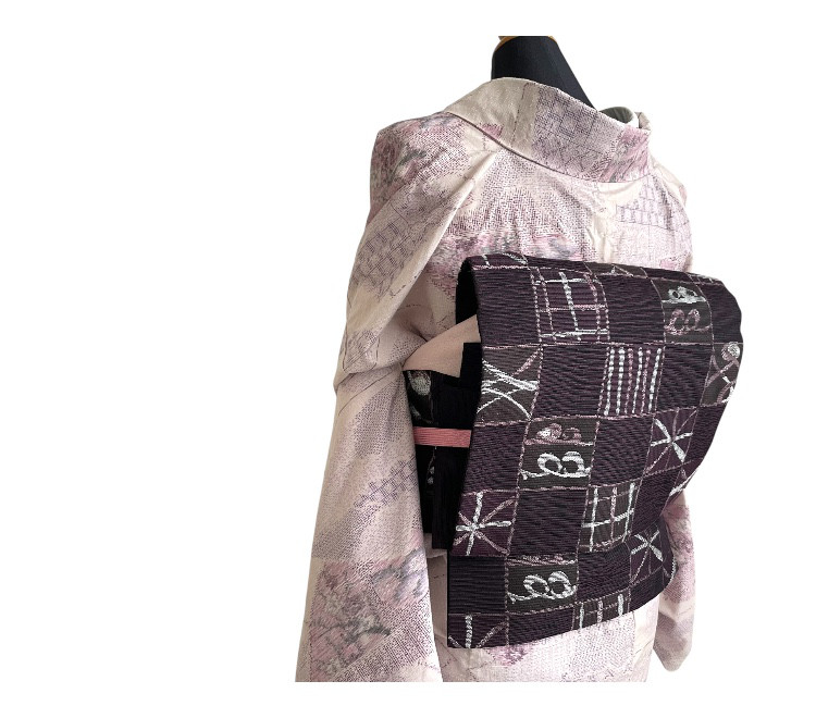 【手軽にお太鼓-作り帯】正絹　名古屋帯　織　葡萄色