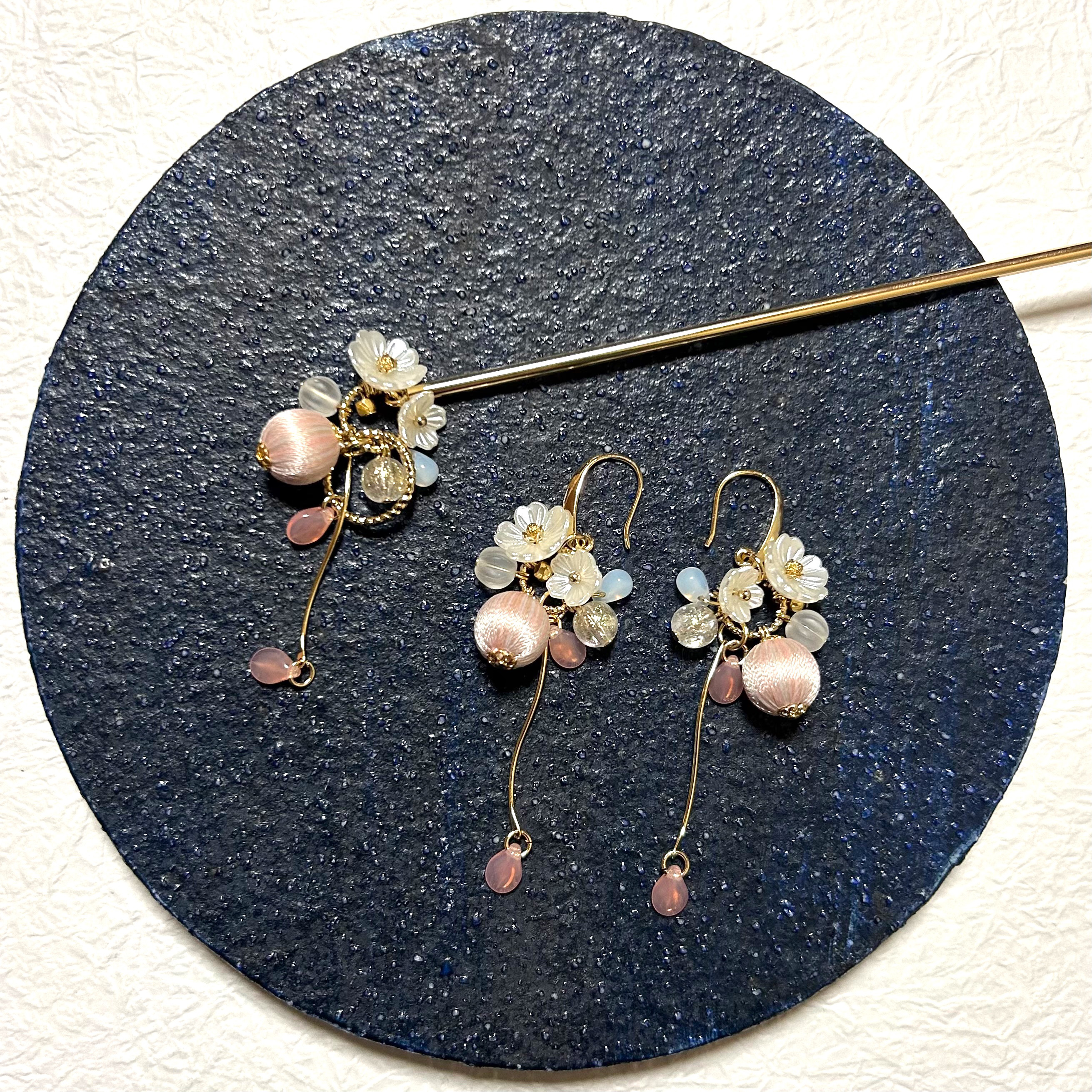 巻き玉かんざし➕巻き玉ピアス　舞桜彩セット　Creema限定