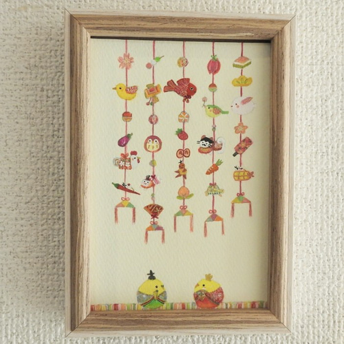額入り原画『鳥さんつるし雛』ポストカードサイズ アート インテリア