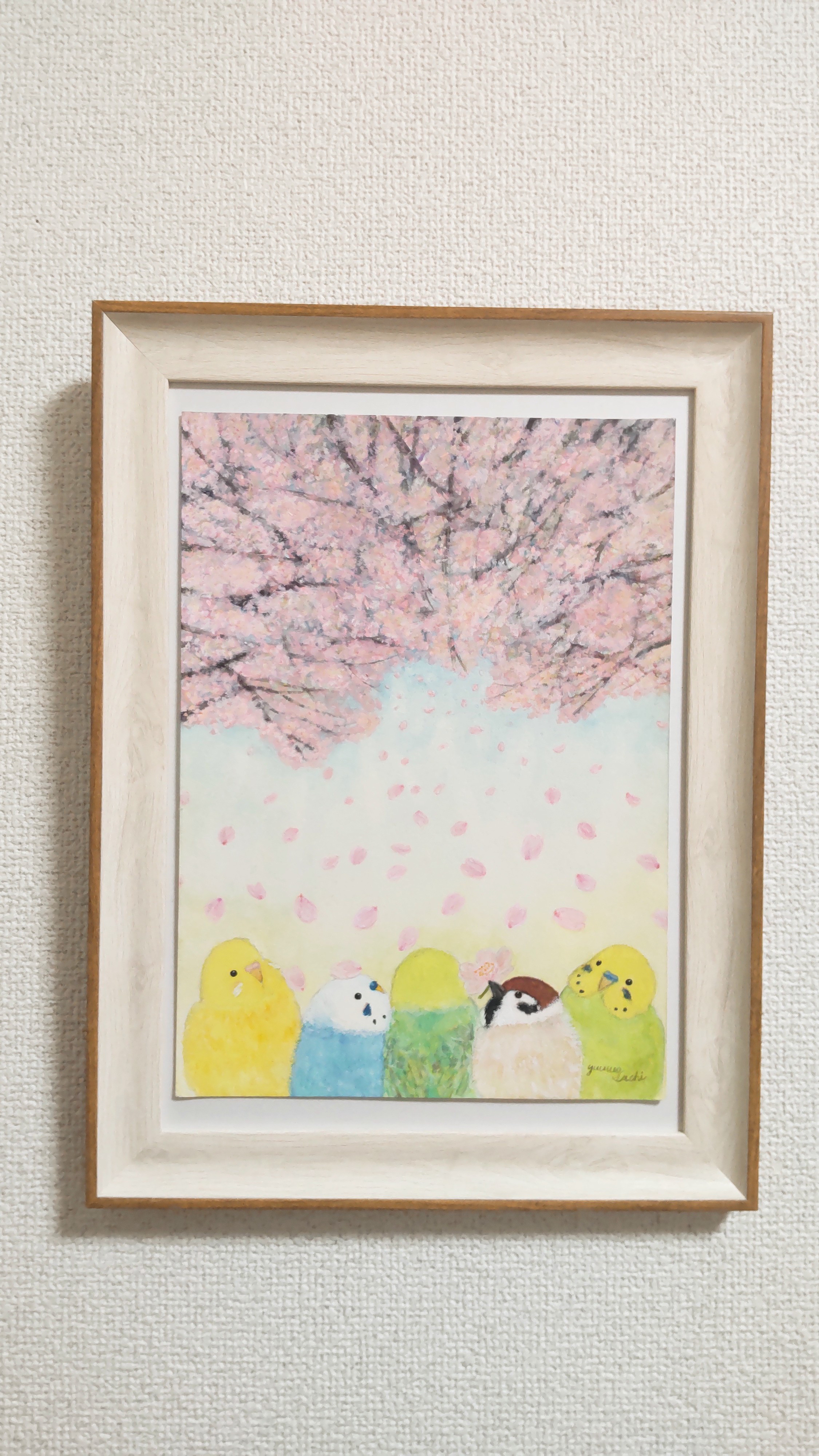額入り原画『お花見インコたち』 アート インテリア