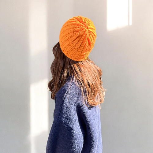 ニット帽 ビーニー オレンジ 手編み 帽子 かぎ針編み ニット帽