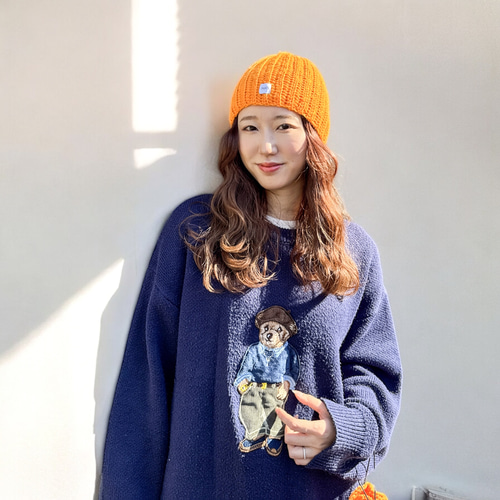 ニット帽 ビーニー オレンジ 手編み 帽子 かぎ針編み ニット帽