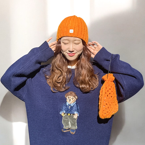 ニット帽 ビーニー オレンジ 手編み 帽子 かぎ針編み ニット帽