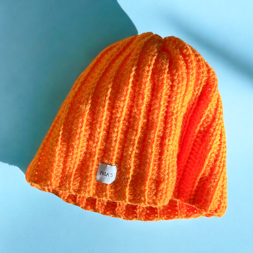 ニット帽 ビーニー オレンジ 手編み 帽子 かぎ針編み ニット帽