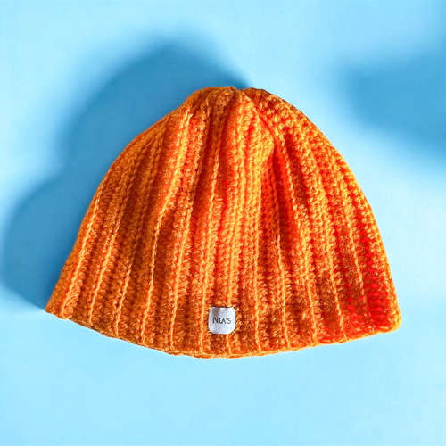 ニット帽 ビーニー オレンジ 手編み 帽子 かぎ針編み ニット帽