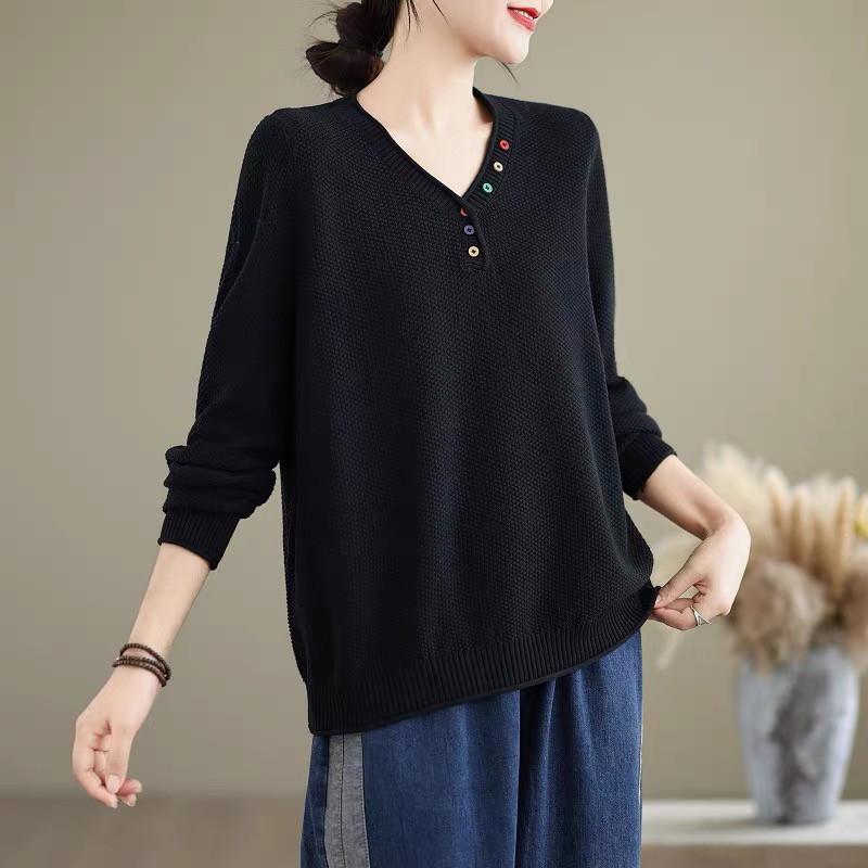 ニットトップス · レディース · Vネック· セーター· インナー·長袖ニット·ブラック