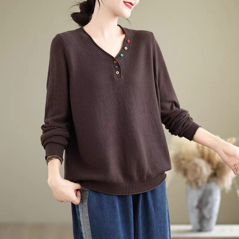 ニットトップス · レディース · Vネック· セーター· インナー·長袖ニット·チョコレート