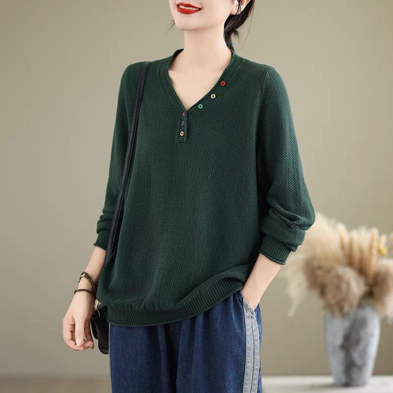 ニットトップス · レディース · Vネック· セーター· インナー·長袖ニット·グリーン