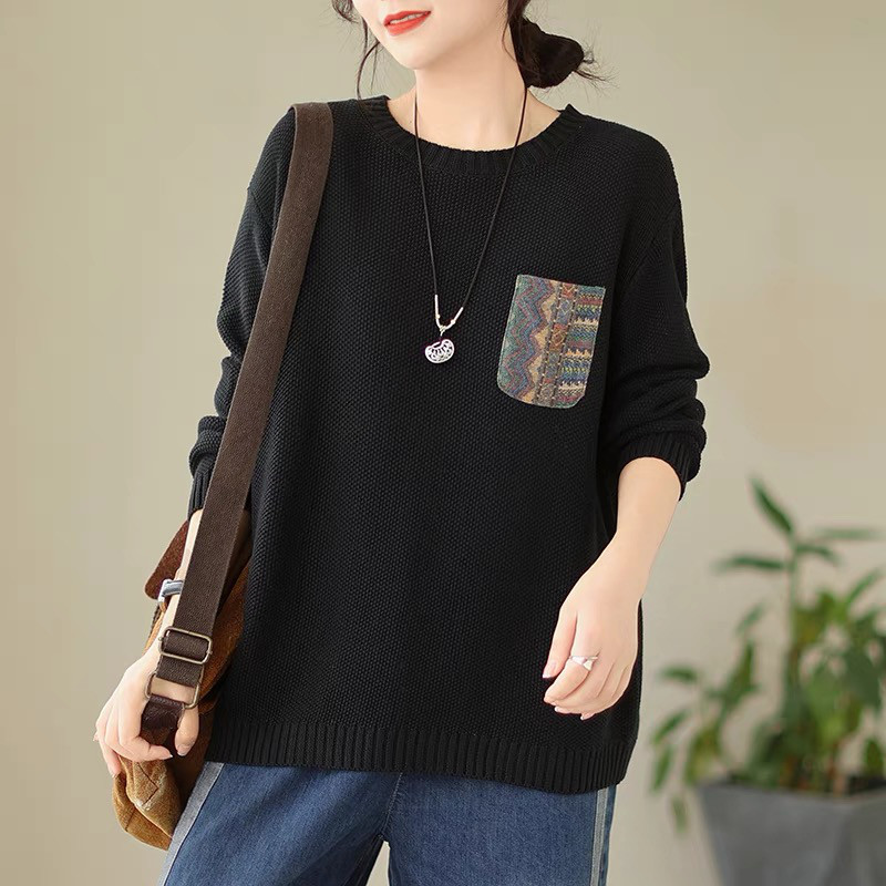 ニットトップス · レディース · 丸首· セーター· インナー·長袖ニット·ブラック