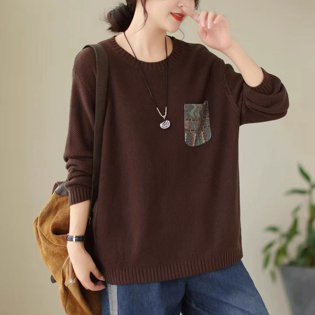 ニットトップス · レディース · 丸首· セーター· インナー·長袖ニット·チョコレート