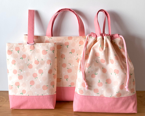 ハンドメイド　入園入学準備　６点セット　レッスンバッグ　ピンク花柄　ピーチ 入園・入学グッズ手作りキット（6点セット）peach mini