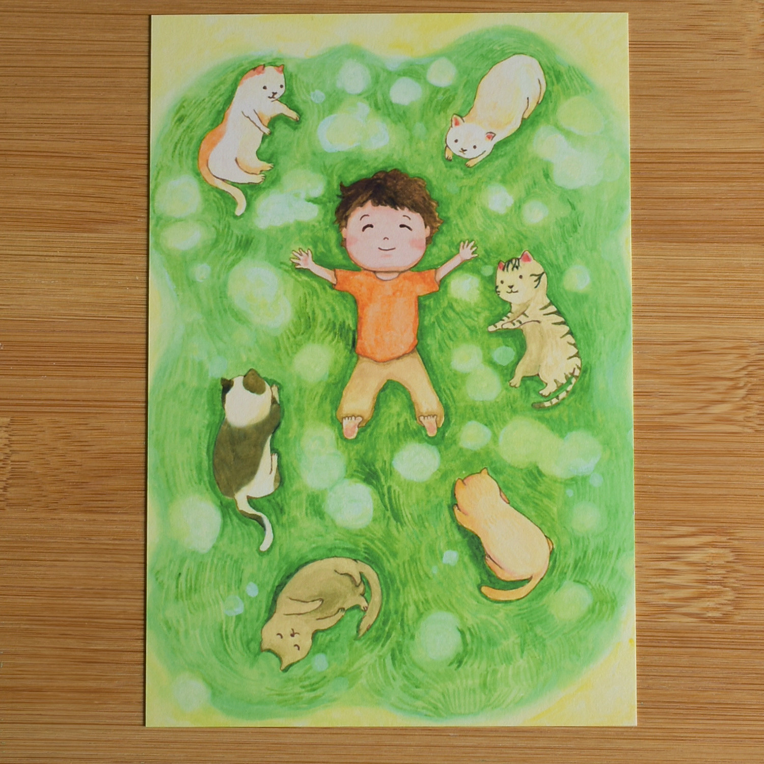 【即日発送】キッズアート ポストカード 水彩画 ねこたちとひなたぼっこ ポストカード 水彩画 イラスト アート