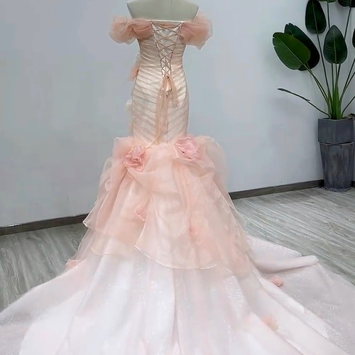 フラワー オーガンジー 光沢感 胸フリル ギャザー マーメイドドレス