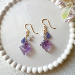 アメジストのローゼンジカービングピアス 天然石 14kgf イヤリングに