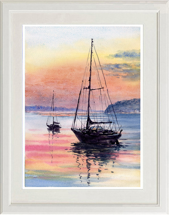超人気 夕日とヨット 水彩画原画 ＃651 18796755 通販 syoumei 絵画 絵画