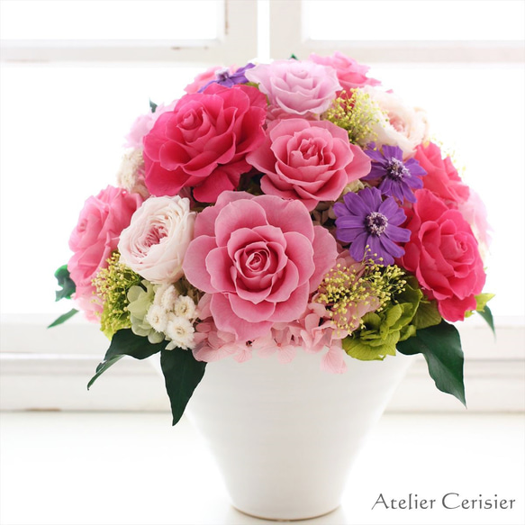 【送料無料】☆プリザーブドフラワー＜フラワーライン ラウンド＞ ピンク バラ 大型アレンジメント 【お祝い】 2枚目の画像