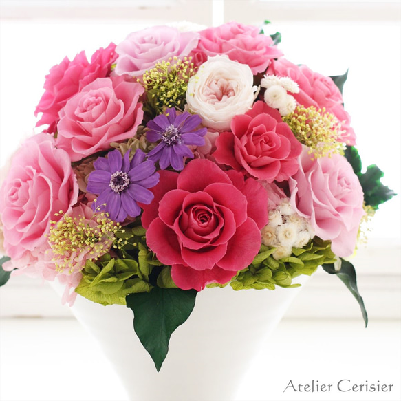 【送料無料】☆プリザーブドフラワー＜フラワーライン ラウンド＞ ピンク バラ 大型アレンジメント 【お祝い】 3枚目の画像