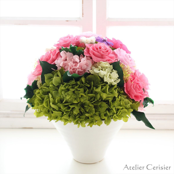 【送料無料】☆プリザーブドフラワー＜フラワーライン ラウンド＞ ピンク バラ 大型アレンジメント 【お祝い】 6枚目の画像