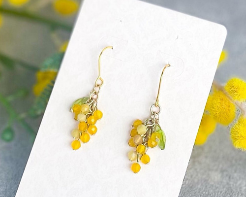 確認用！ミモザのイヤリング 小さなミモザ揺れるピアス/イヤリング 天然石 ピアス（フック