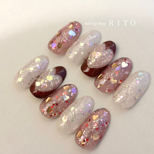 &Co. 高品質ネイルチップ【ハートネイル】キラキラ　クリスマスネイル 現品】ハートネイル キラキラ バレンタイン ラメ ぷっくり