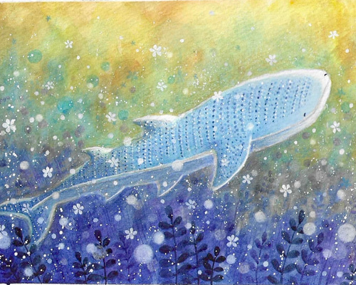 ジンベイザメ　海亀　珊瑚　アクリル画　原画　レジンアート可能　海　沖縄　絵画 7b52c9f9440da864fea1bc8ffc9eba