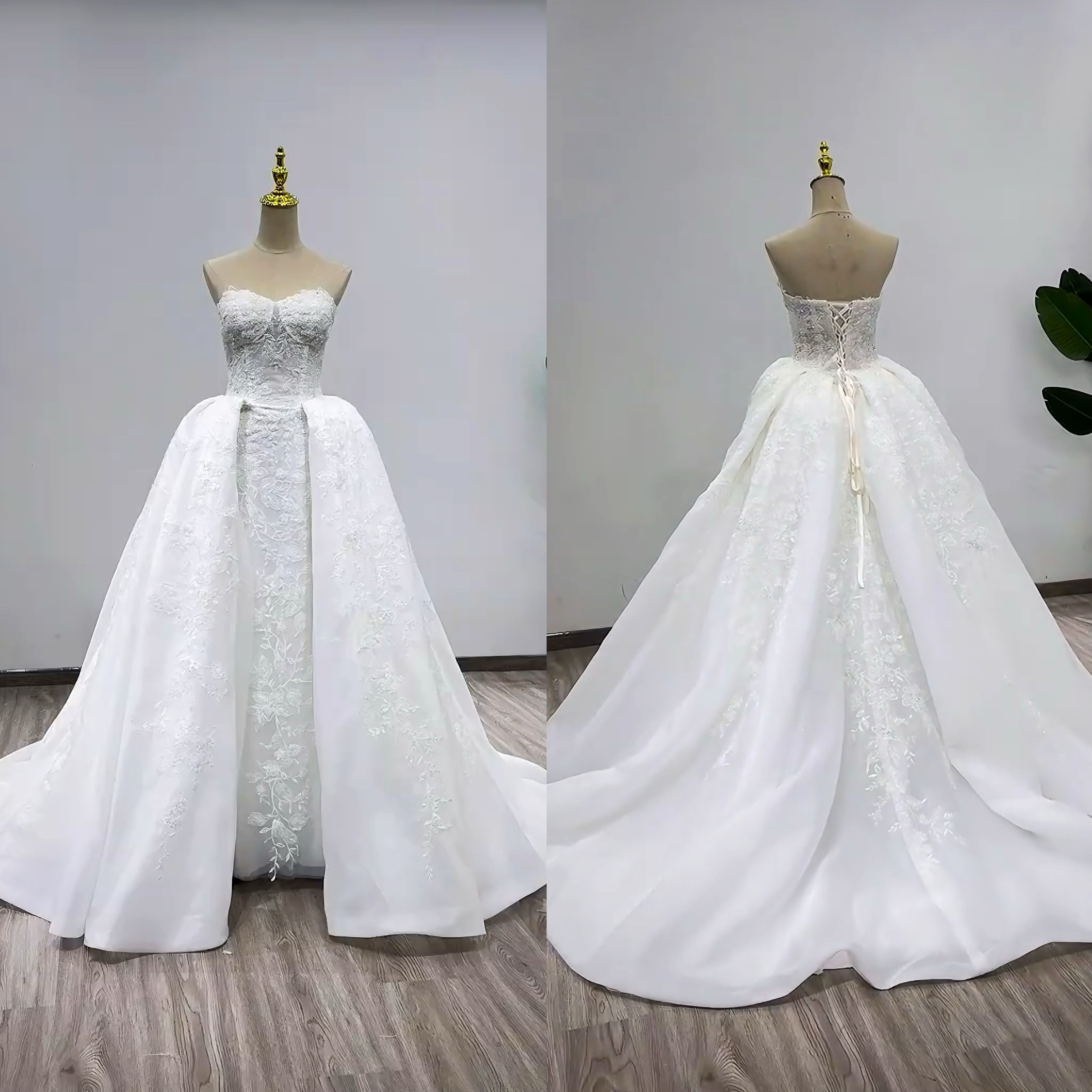 新作　袖無し　ビスチェライン　美しいレース　編みあげ　サイズオーダー　刺繍付き　トレーン　ブライダル　ウェディングドレス