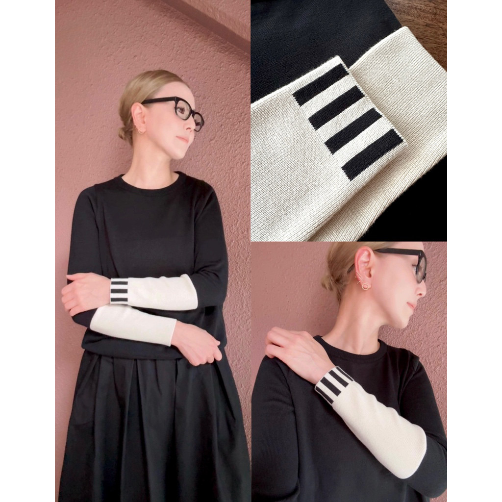 M＆L❤️着痩せニット❤️国産オリジナル❤️配色ニット❤️ブラック＆アイボリーストライプ