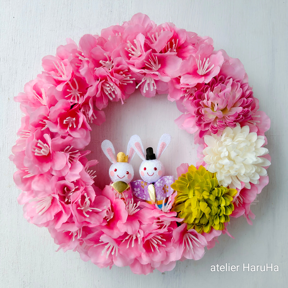 ひな祭りリース 桃の花とお雛様アートフラワーリース リース おはな