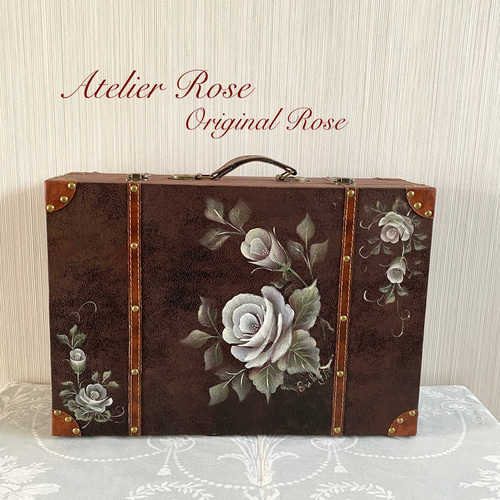 送料無料♡手描きのバラのアンティーク風トランクBOX レザー調