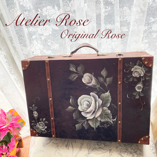 送料無料♡手描きのバラのアンティーク風トランクBOX レザー調
