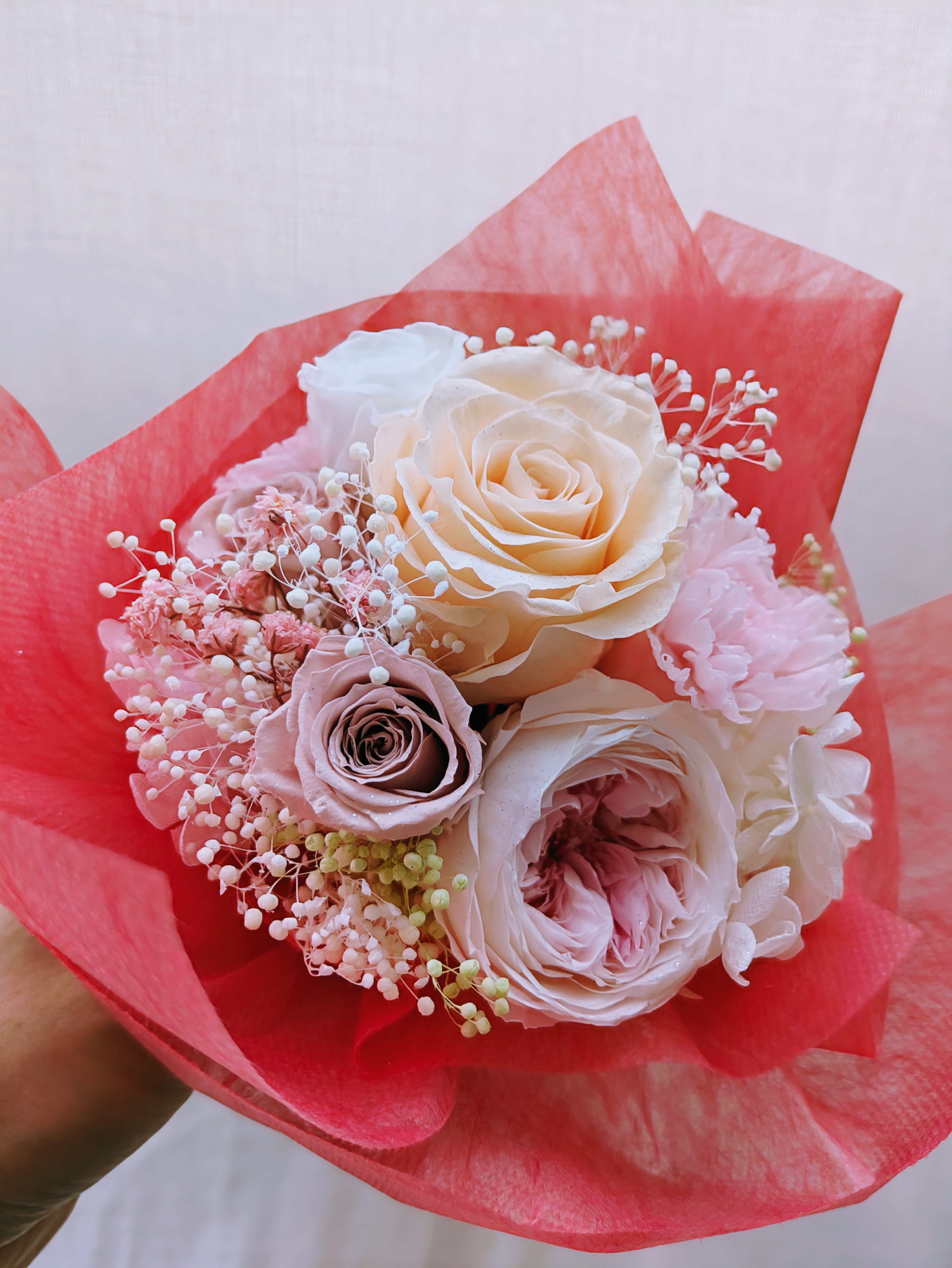 プリザーブドフラワー／薔薇と小花のふんわり枯れない花束クリームピンク／記念日お祝い 4,536円
