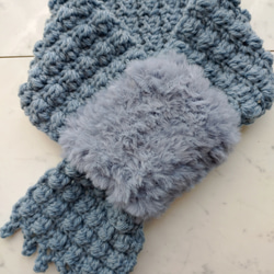再再再販】マフラー 模様 編み 手編み 編み物 ブルー フリンジ